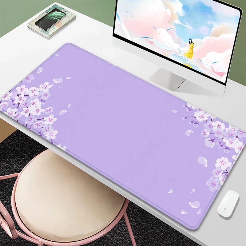 Bunga ungu Deskmat lucu Pastel ungu Lavender ungu bunga Sakura tatakan meja Jepang Lucu kawaii Mousepad 900x400