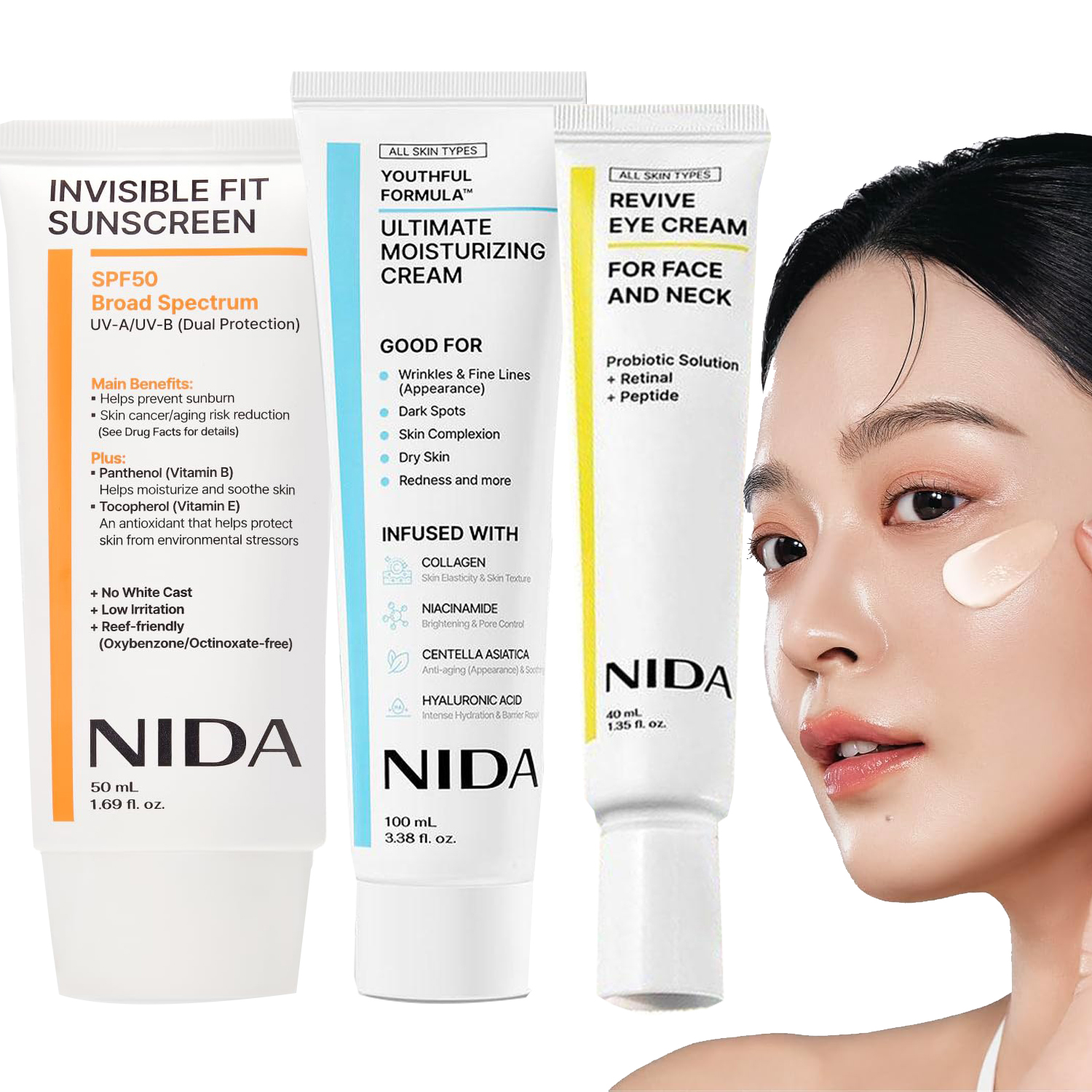 Crema Hidratante NIDA + Protector Solar SPF 50, Crema Contorno de Ojos con Centella + Péptidos Retinales, Ácido Hialurónico, Colágeno, Líneas Finas, Arrugas