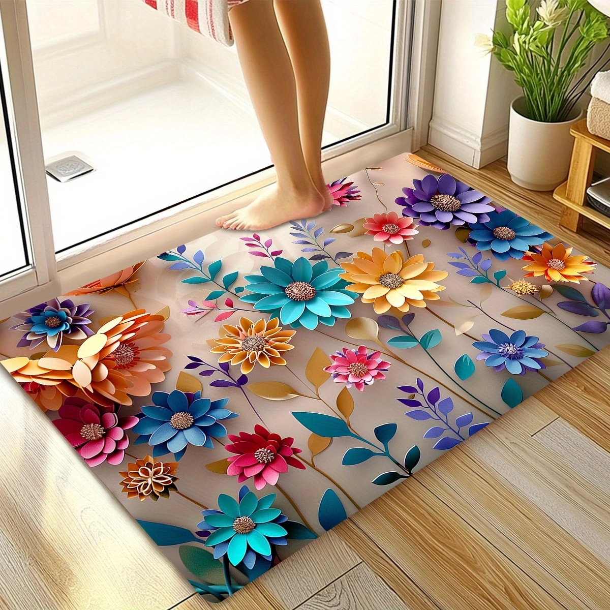 Tapete de banheiro com estampa floral multicolorida, antiderrapante, super absorvente e de secagem rápida, formiga seca e macia, 1 peça
