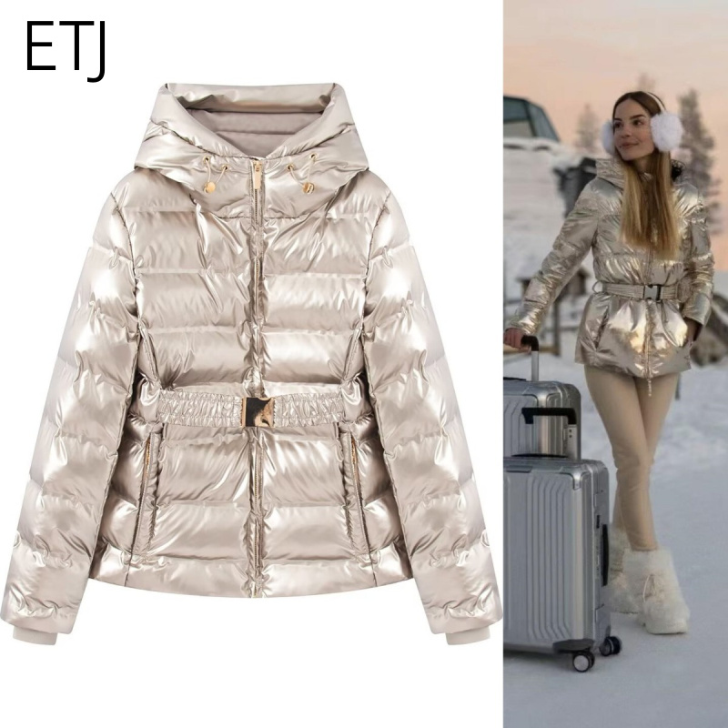 ETJ 2025 Dames Winter Nieuwe Collectie Y2K Golden Lustre Drukgevoelige rubberen gewatteerde winddichte en warme jas met capuchon