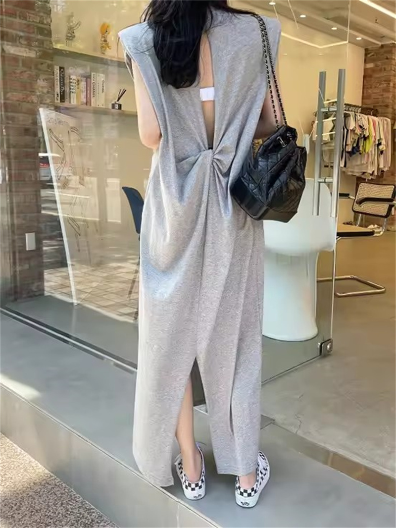 2025 elegante verano sin mangas cuello redondo nudo trasero ahueca hacia fuera el chaleco vestido de mujer sólido vestido sin espalda dividido
