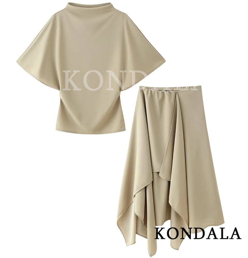 KONDALA Damen Trendiges Rock-Set Halbhoher Kragen Top Asymmetrischer Rock Neue Mode 2026 Frühling Sommer Strand Urlaub Rock-Set