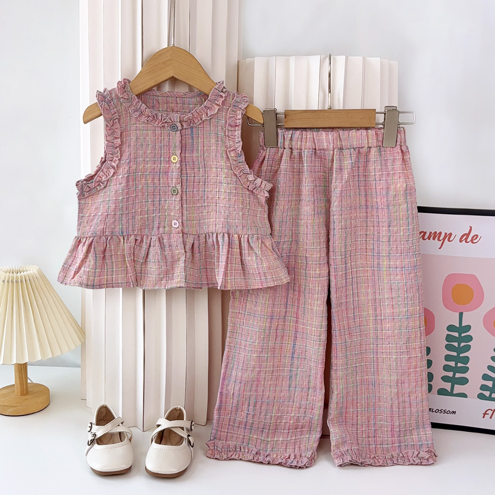 Conjunto rosa de dos piezas de verano para niña con Top sin mangas de un solo pecho y pantalones casuales, nuevos conjuntos de ropa para niños