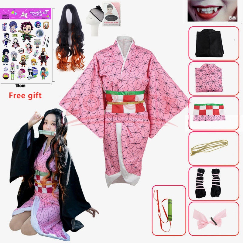 Anime Demon Slayer Cosplay Traje para Mulheres, Nezuko, Kimetsu No Yaiba, Kamado, Peruca, Uniforme, Roupas, Meninas