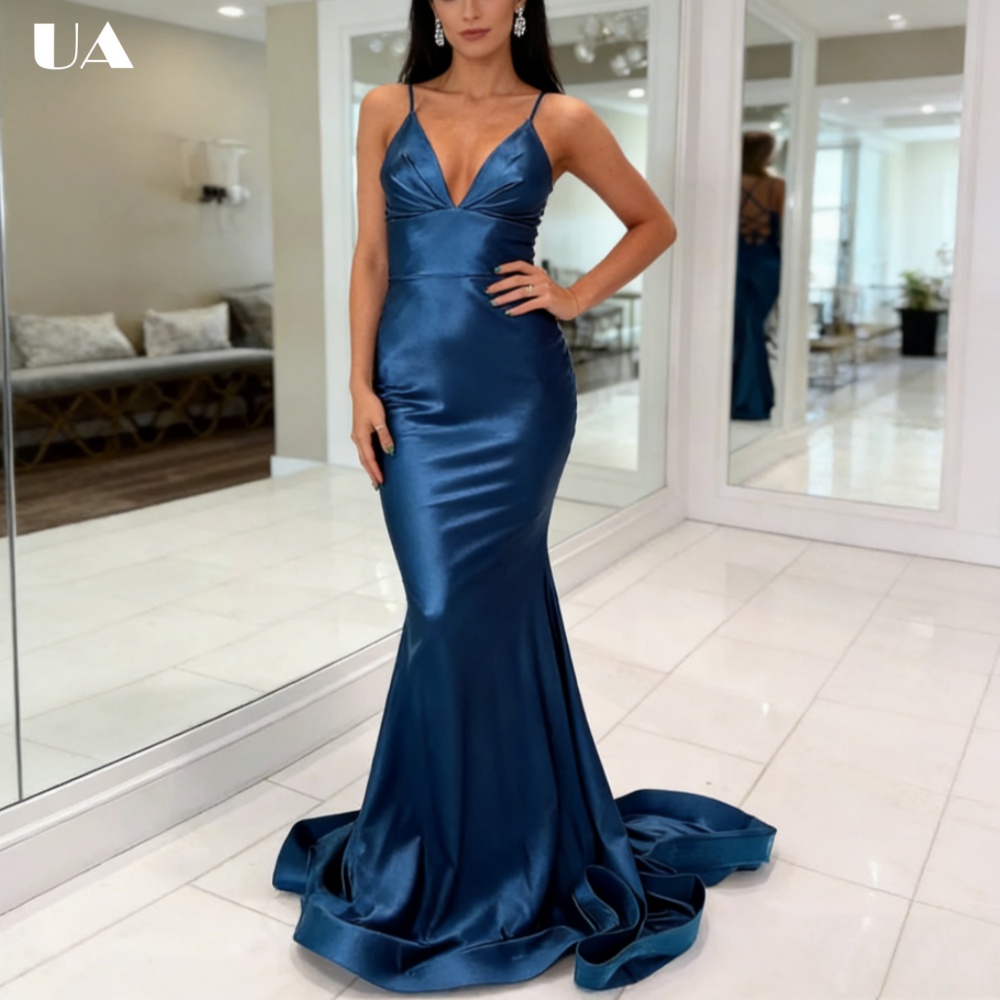 ULBYANRY Maßgeschneidertes Meerjungfrauen-Abendkleid mit Raffungen und Spaghettiträgern, Elegantes Schnür-Abendkleid, Sexy Rückenfreies Partykleid