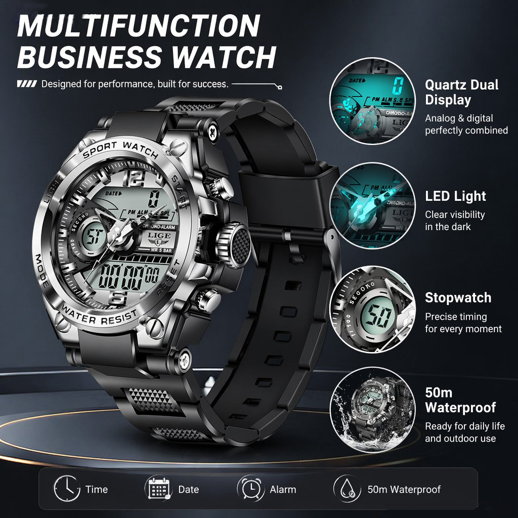 Reloj militar Digital LIGE para hombre, reloj de pulsera resistente al agua hasta 50m, reloj de cuarzo LED, reloj deportivo, relojes grandes para hombre, relojes masculinos