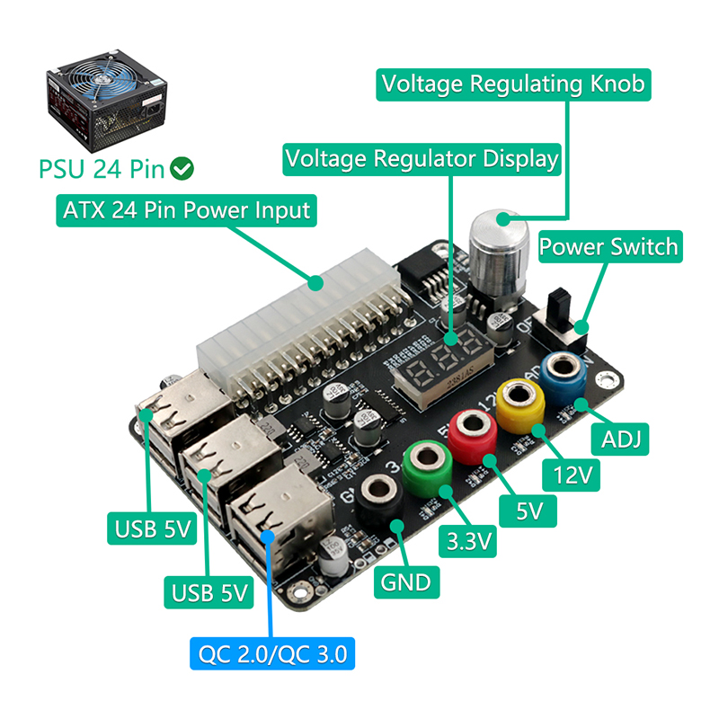 24pin Atx Voeding Breakout Board Power Module Adapter Connector Verstelbare Spanning Knop 6 Poort Usb 2.0 Ondersteunt Qc2.0 Qc3.0
