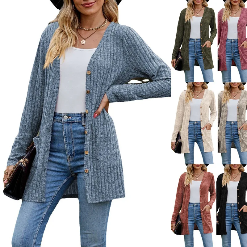 Outono novo feminino moído pit listra com decote em v botão de cor sólida manga longa senhoras extensões casuais cardigan casaco