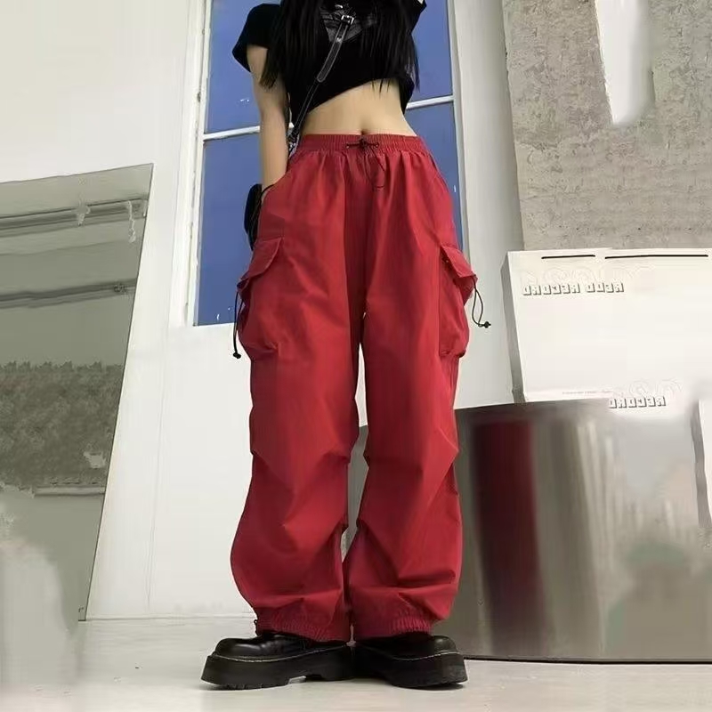 Calça casual feminina solta grande com vários bolsos, preta, multicolorida, com pernas largas