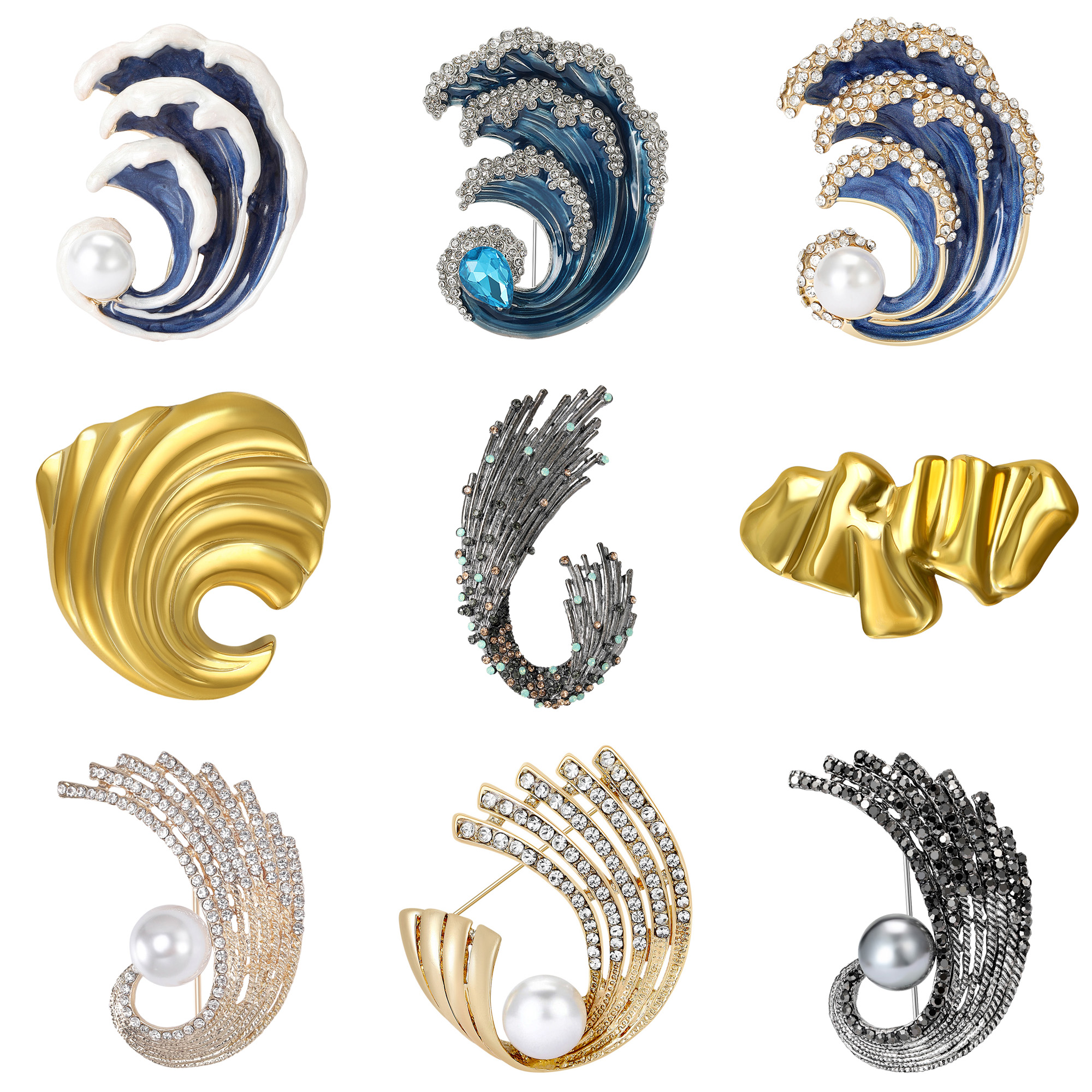 Enamel Wave Brooches for Women Unisex Rhinestone Ocean Waves Pins Office Party Friend Gifts Accessories