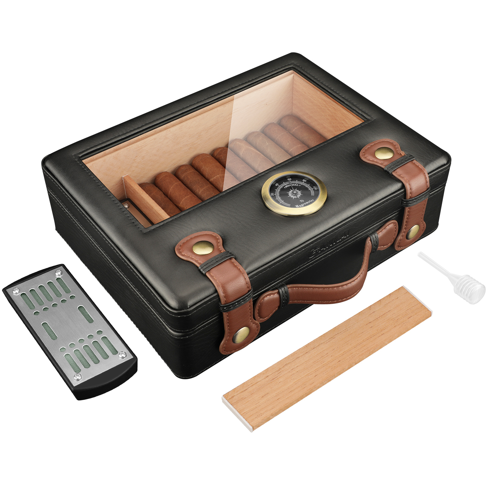 Humidor na cygara, podróżny humidor z szklanym wiekiem, nawilżacz z higrometrem, etui na cygara z wyściółką z drewna cedrowego, mieszczący do 50 sztuk.