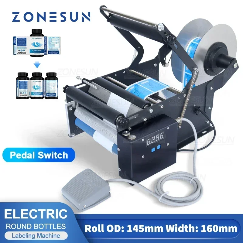 ZONESUN Chai Tròn Dán Nhãn Máy Điện Thông Minh Đạp Chân Kính Nhựa Chai Lọ Miếng Dán Bao Bì Labeler ZS-TB16P