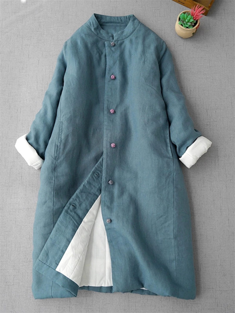 New Chinese Style Damen langen Baumwoll mantel Stehkragen Schnalle Herbst Winter mittellange warme Leinen Stepp jacke z3891