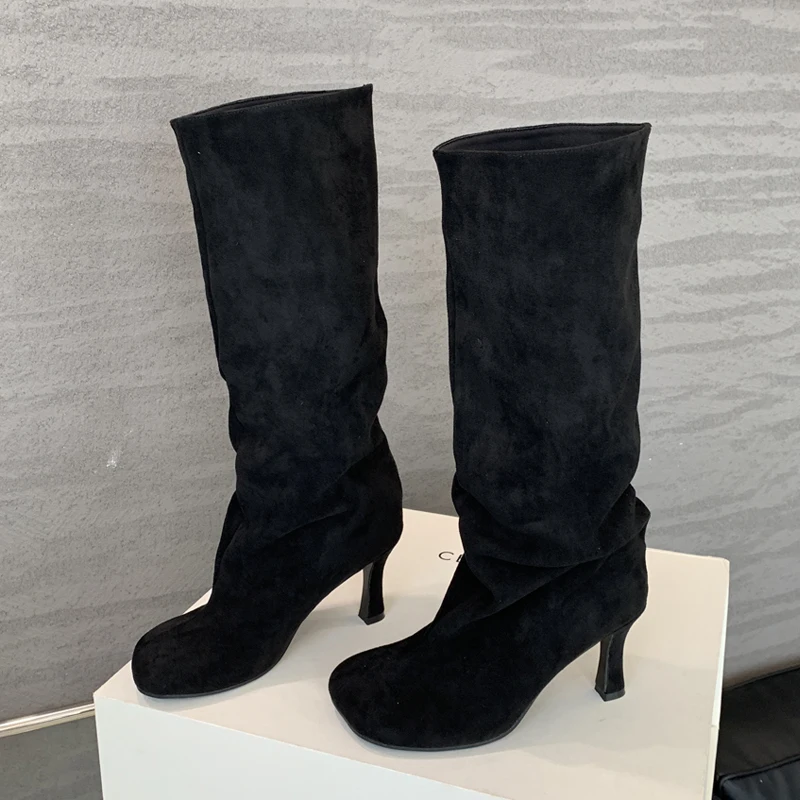 Eilyken inverno dedo do pé redondo mulheres joelho-botas altas conciso estilo punk fino sapatos de salto alto feminino botas longas