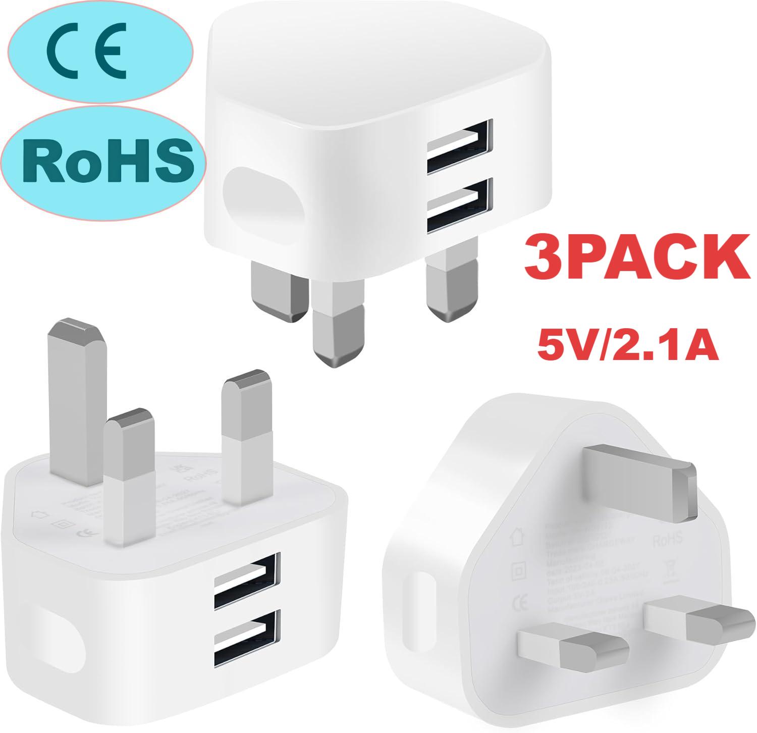 Uniwersalna ładowarka ścienna z wtyczką UK, podwójnym USB, szybkim ładowaniem 5V 2.1A, 3-pinowa ładowarka sieciowa podróżna do iPhone 14 13 iPad Sam