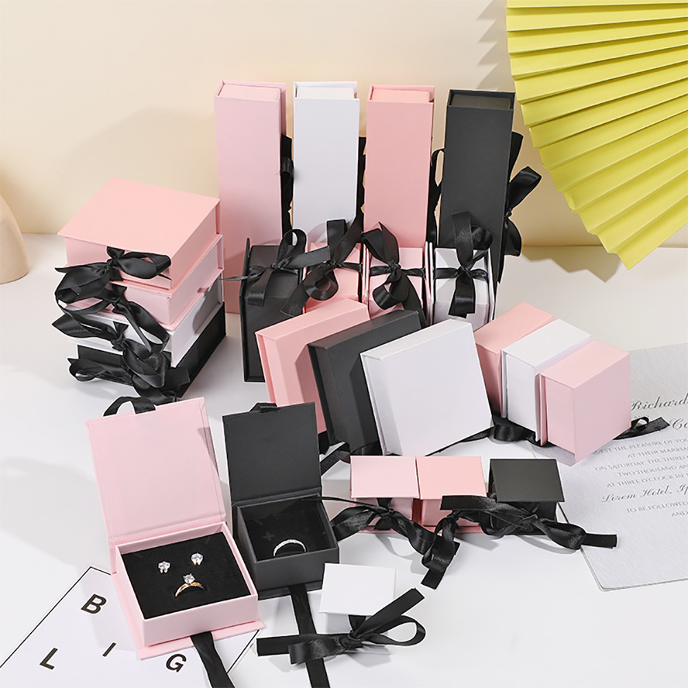 Caja de papel con tapa de joyería negra de zafiro, 5 uds., con pendientes de seda, pulsera, anillo, collar, organizador, caja de embalaje de regalo, estuche de regalo de boda