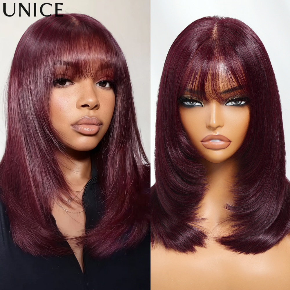 UNice Bye Bye Slip 7x5 Lace Black Cherry Peruca Bob Estilo Lobo Pré-Cortada com Franja Leve e Cordão Ajustável, Peruca de Cabelo Humano Sem Cola Pronta para Usar