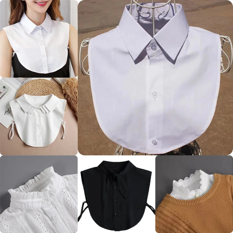 Feminino cor sólida preto branco vertical pequeno flip colarinho versátil camisa jumper moda rendas gola falsa quatro estações