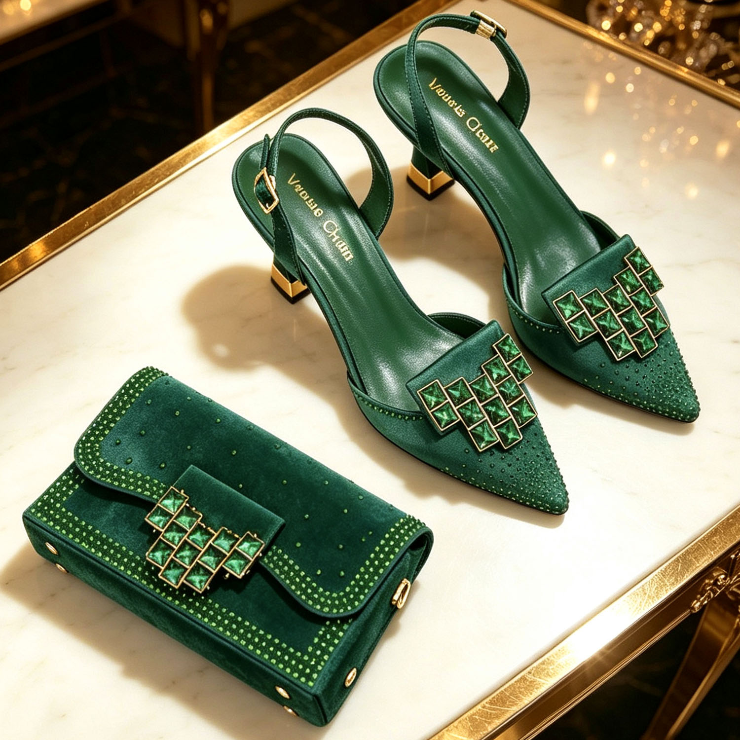 Ensemble élégant de talons slingback verts ornés de strass et de sac à main assorti par Venus Chan 2026 – Design élégant à bout pointu pour femme