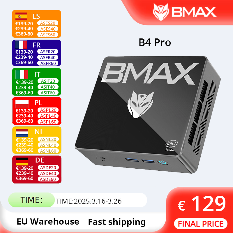 BMAX B4 Pro Mini PC Windows11 PC Intel N97 16GB DDR4 512GB SSD 2 * HDMI Admite gráficos Intel UHD 4K@60Hz 1,2 GHz