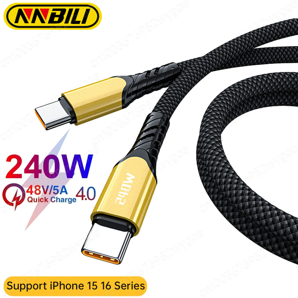 NNBILI Cable USB C de 240W Cable de alimentación QC4.0 para MacBook Samsung iPhone 15 16 Cable USB C a C PD 48V5A Cable tipo C de carga rápida