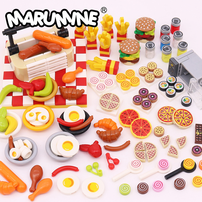 Marumine-Mini bloques de construcción de alimentos, accesorios de cocina, hamburguesa, Pizza, patatas fritas, modelo de amigo de ciudad, piezas de ladrillos MOC
