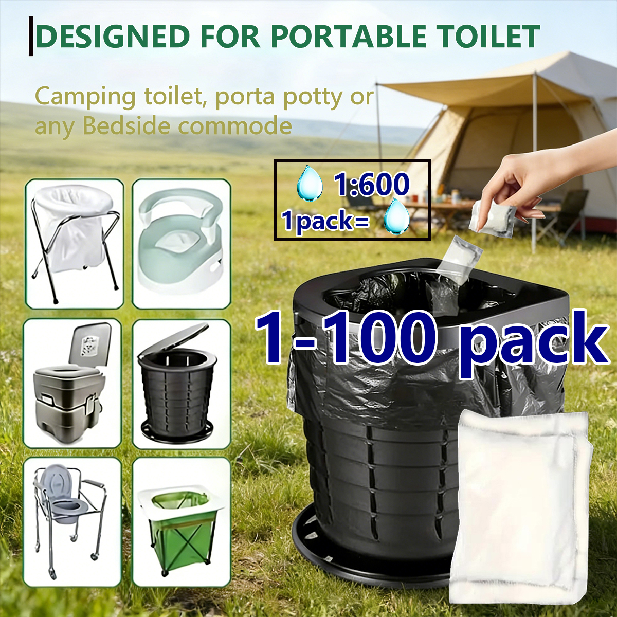 1-100 unidades de Polvo Gel Absorbente Ecológico para Desechos, Gel Químico para Inodoros de Camping, Polvo Desodorizante Gelificante para Residuos Líquidos para Viajes