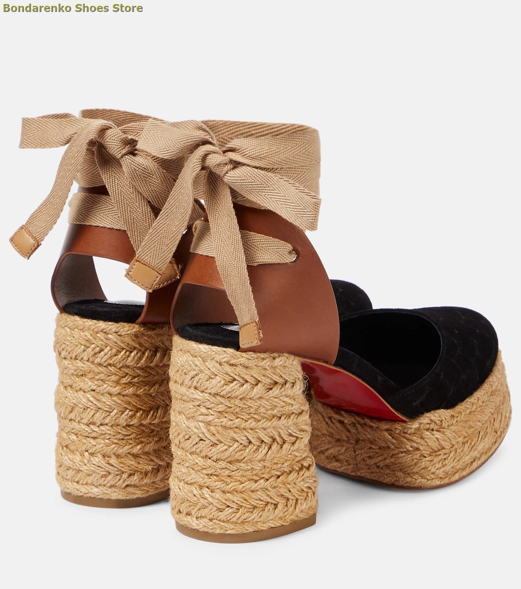 Sandales à talon haut compensé en paille tressée, à lacets, en daim noir, mode été 2026, chaussures habillées pour femme, à bride cheville, faites à la main