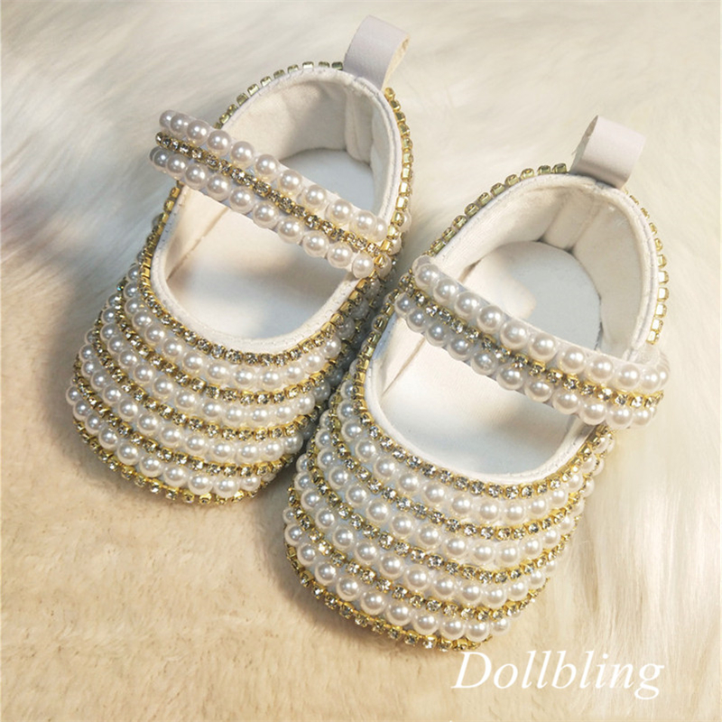 Dollbling princesa menina off-white pérolas ordinal strass confortável algodão macio gancho interno e laço sapatos de berço da criança