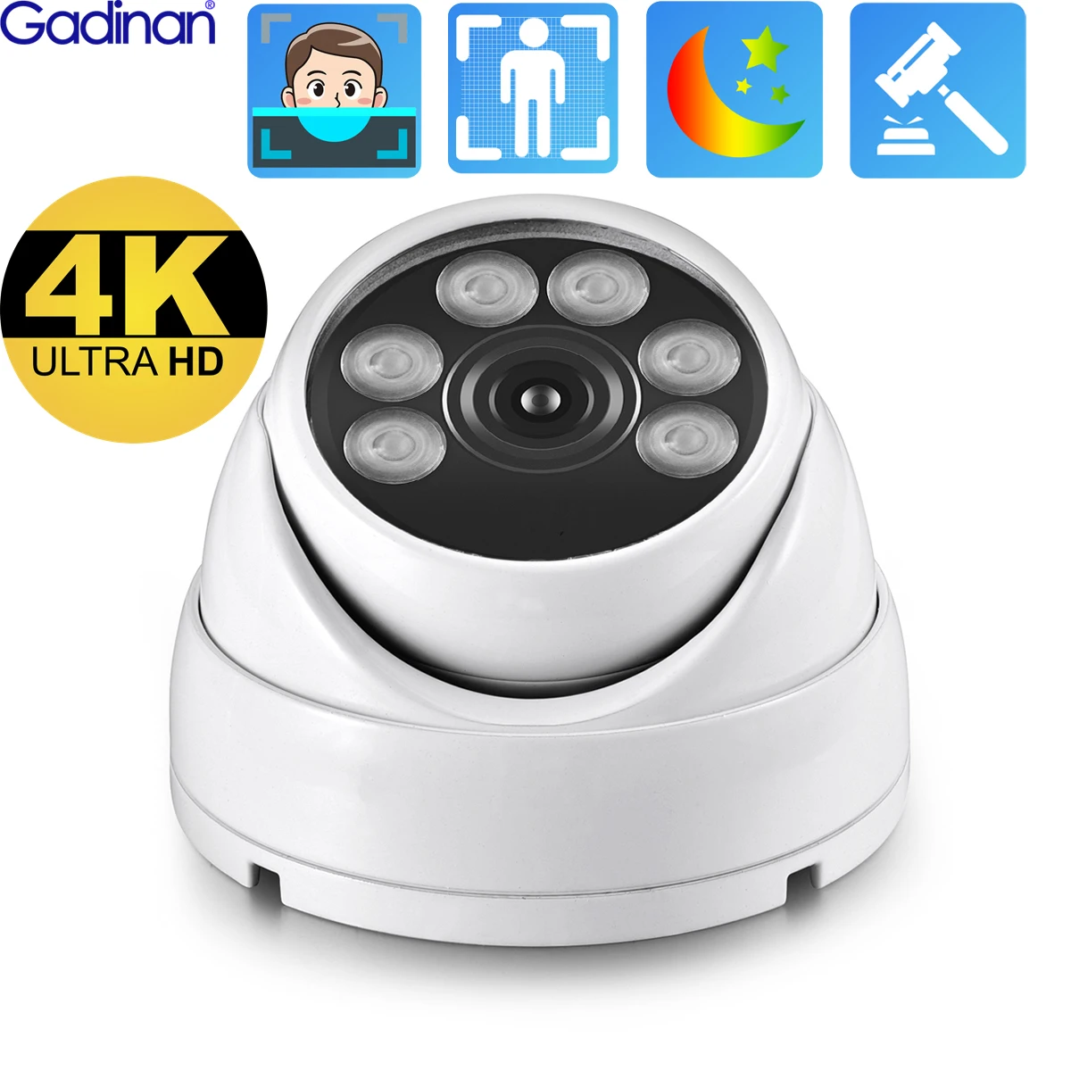 Gadinan 4K 8MP IP Камера Наружная CCTV Защита Безопасности POE Купольная Цветное Ночное Видение Распознавание Лица Сеть XMEYE