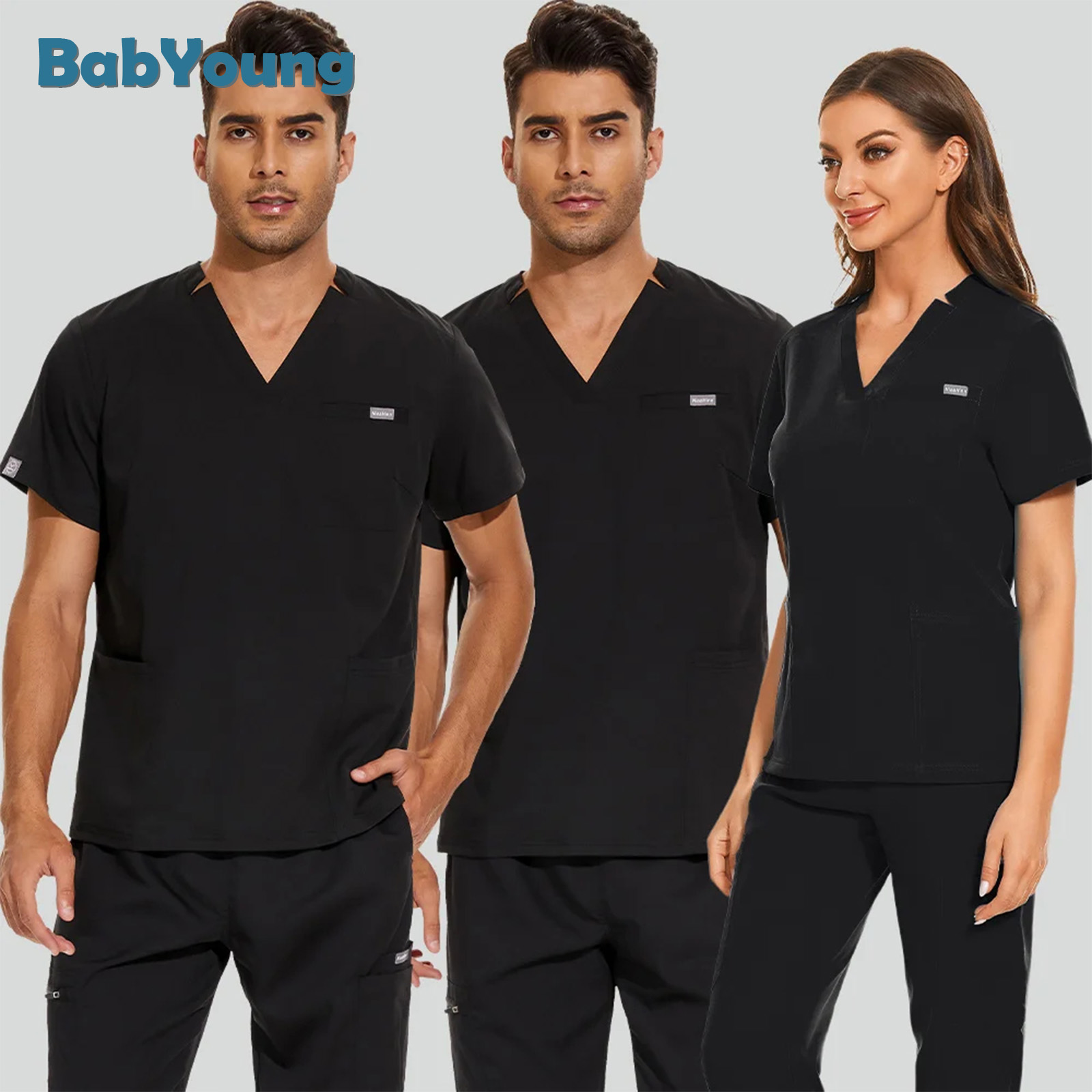 Uniforme para enfermería de Hospital, Tops para cirugía, camisas de manga corta para mujer, ropa de trabajo para clínica Dental, blusa de enfermera, ropa de médico negra