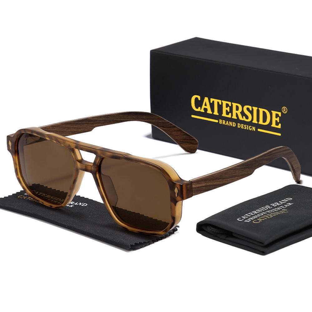 CATERSIDE Occhiali da sole polarizzati da uomo stile pilota UV400 con montatura in TR premium e aste in legno, occhiali da sole retrò quadrati per guida e pesca