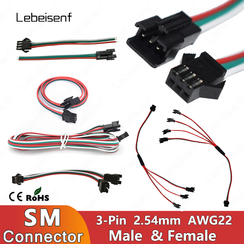 Taśma LED JST SM 3P męska żeńska wiązka połączeniowa 1 do 2 3 4 przewód synchronizowany 2,54 mm raster 1M 2M 5M przedłużacz 3Pin AWG22