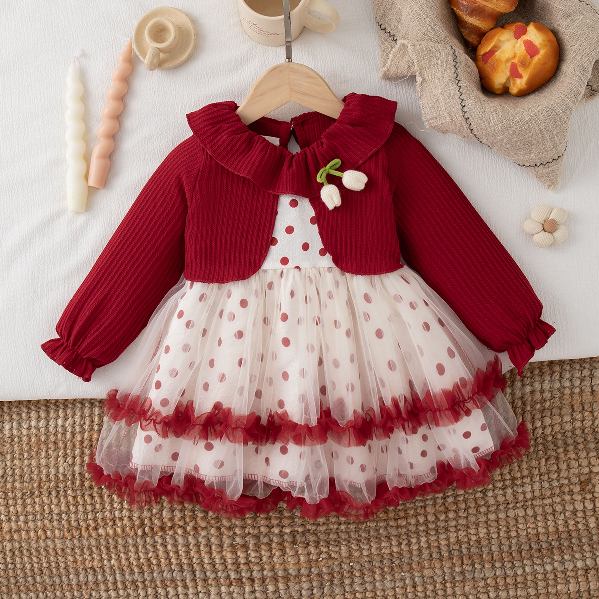 Outono nova festa de natal vestido da menina do bebê, bonito bolinhas roupas infantis adequado para bebês de 6 meses a 3 anos de idade