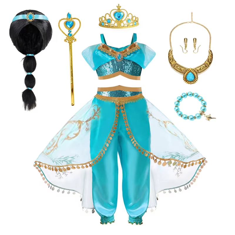Vestido de princesa Jasmine para niñas, disfraz de lámpara mágica de Aladino, traje para niñas, Halloween, niños, cumpleaños, Carnaval, Vestidos de baile