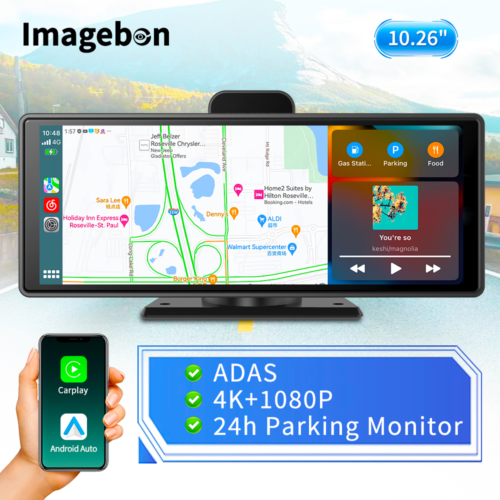 9.3 인치, 4K 자동차 DVR, 무선 전화 안드로이드 자동 및 카플레이 ADAS 대시 캠, 와이파이 AUX 후방 카메라, GPS 듀얼 렌즈 비디오 레코더, 오토바이 트럭용