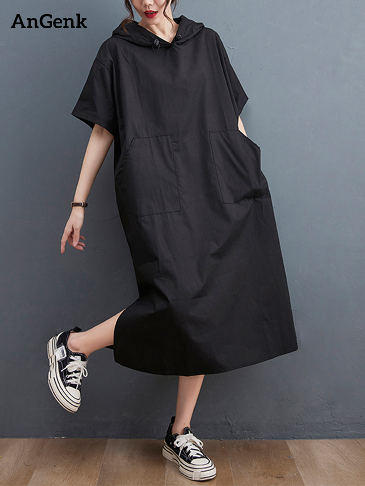 Vestidos Negros Vintage Oversize para Mujer, Nuevo Vestido Largo Casual de Verano con Capucha y Manga Corta, Ropa Elegante de Moda 2026