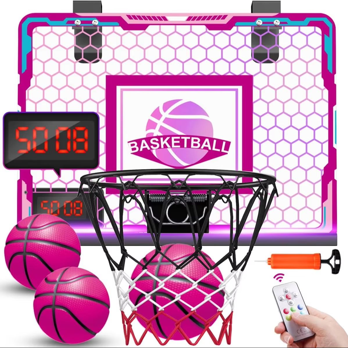 VATOS papan skor Mini anak perempuan, mainan dalam ruangan permainan olahraga basket LED 7 warna untuk anak perempuan 3 + remaja