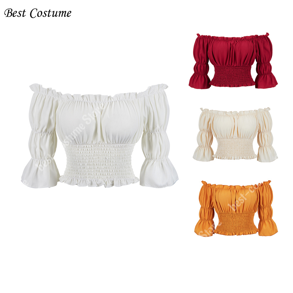 Blusa de disfraz medieval para mujer XS-3XL Camisa pirata Manga corta Blusas Steampunk con hombros descubiertos Blanco Rojo Beige