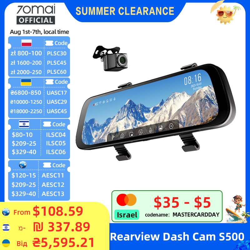 70maiΒ RearviewΒ DashΒ CamΒ S500 9.35'' Touch Screen 70mai S500 Car DVR 3K Super Capacitor Dual-Channel HDR Voice Control 24H Park