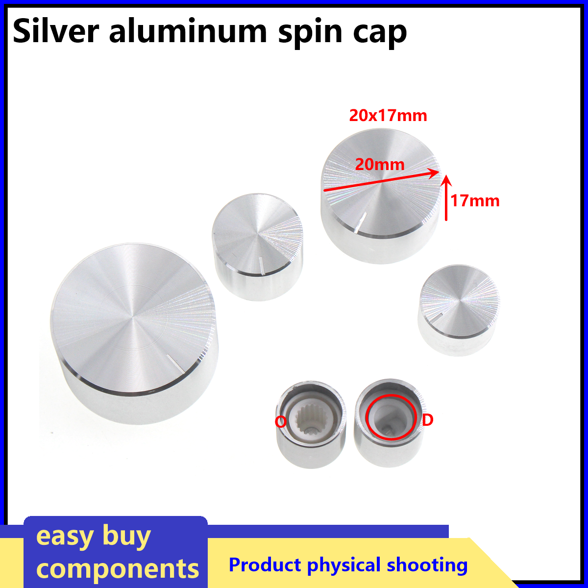 2PCS1pcs ZILVER Aluminium Potentiometer Knop Cap Encoder Volumeregeling Audio Knop voor 6mm Gekartelde As knop FULL O D