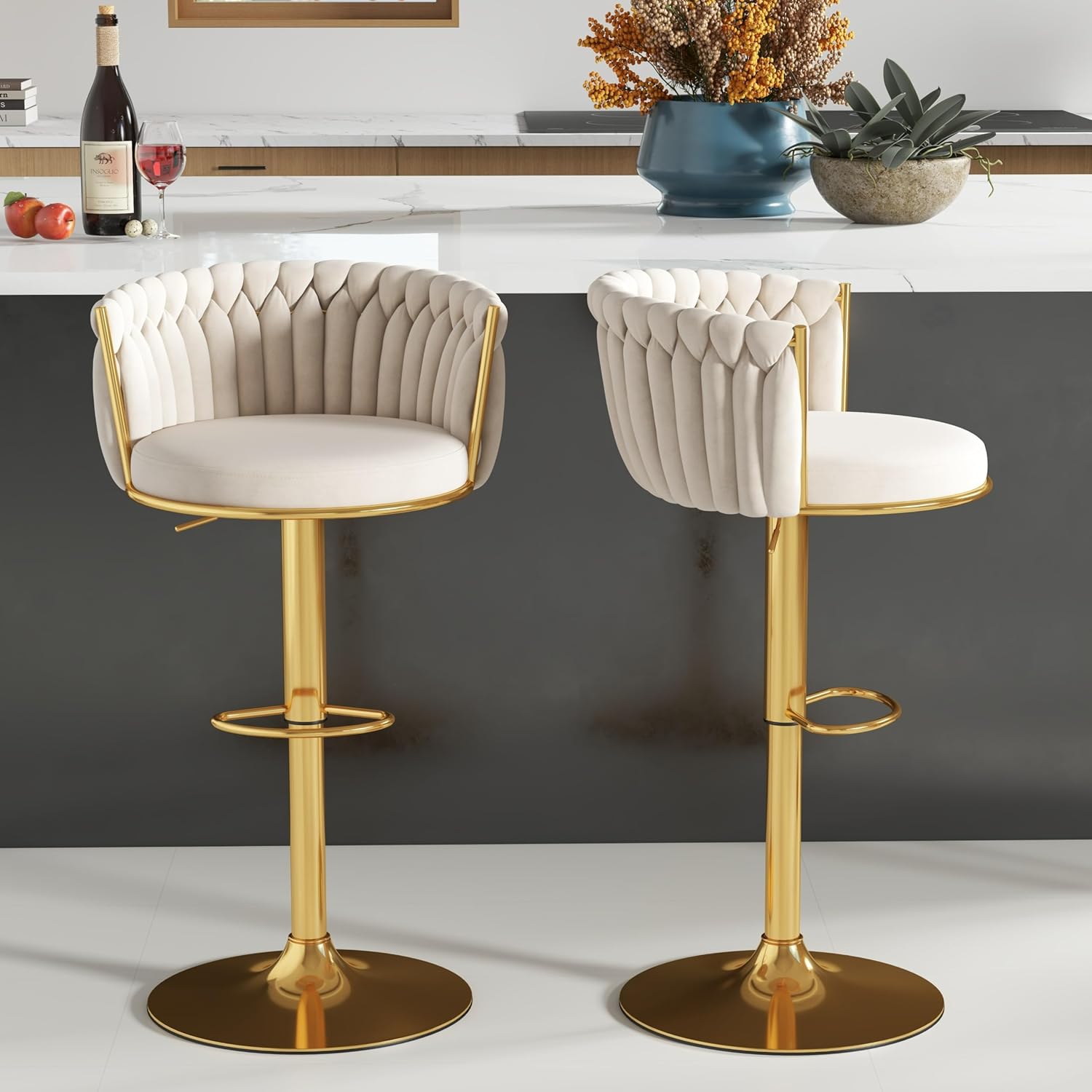 Gold Velvet Swivel Bar Stool Set of 2 Height Adjustable Counter Woven Backrest Footrest Kitchen Cafe Pub Beige Customized