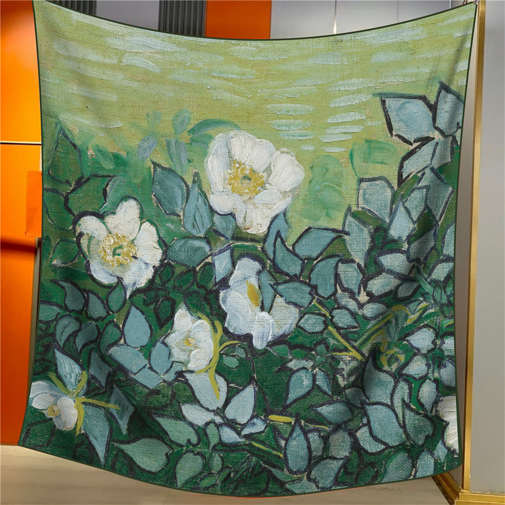 135CM Silk Cashmere Scarf Women Hand Rolled Shawls Oil Paiting Square Scarves Wraps Lady Bandana Big Hijabs Female Shawls
