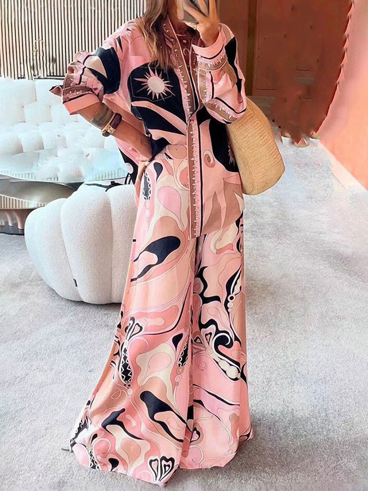 Conjunto de Dos Piezas de Ropa de Mujer para Primavera 2026, Camisa Recta con Estampado Geométrico Retro y Pantalones Anchos Holgados, Traje de Moda