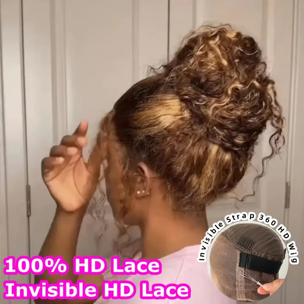 Peluca frontal de encaje HD 13x6 con ondas sueltas y profundas, cabello humano 100% con mechas P4/27, encaje transparente 360, nudos decolorados y cordón ajustable, estilo Water Wave Invisi Strap Snug Fit