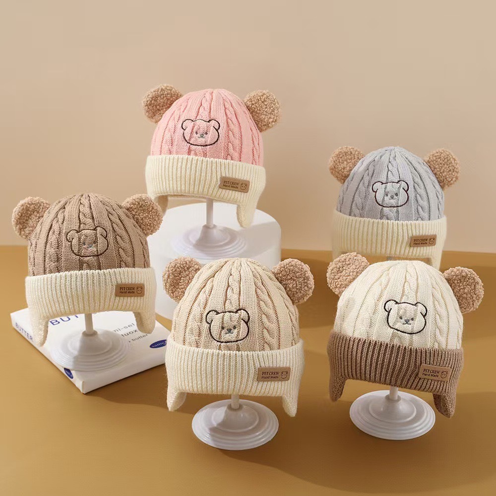 Babymütze, niedlicher Bär, Gehörschutz, Mütze für Kinder, Winter, verdickt, warm, gestrickt, koreanische Version der Babymütze