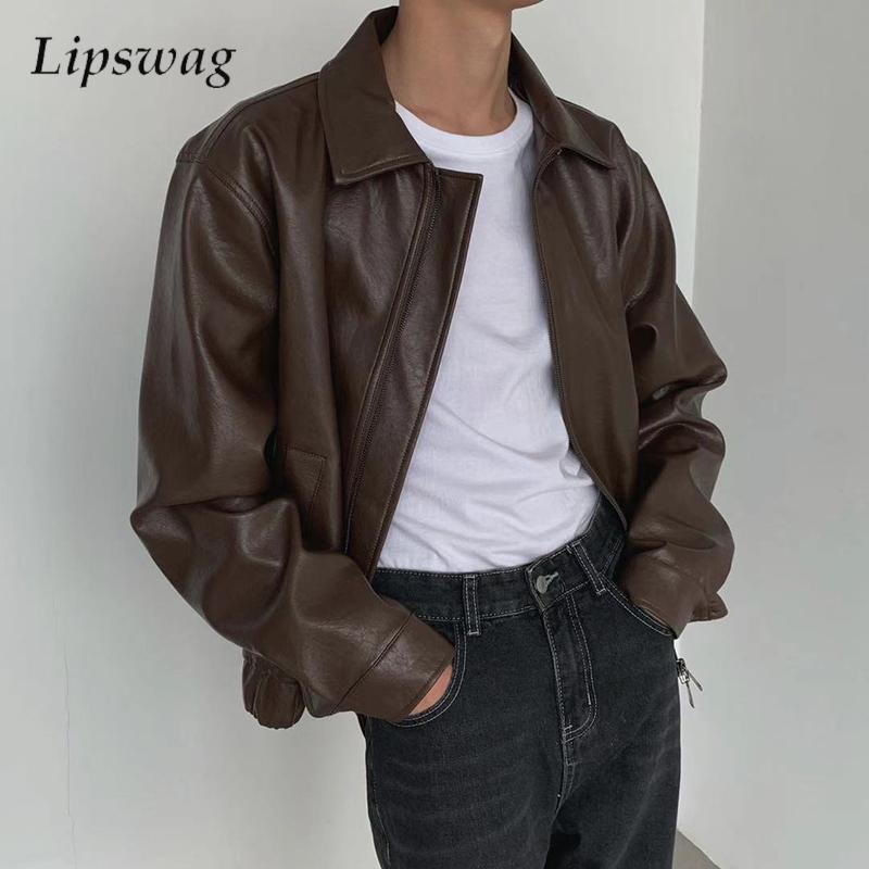 Vintage PU Leather Jackets Men Jesienne modne płaszcze skórzane z klapami w jednolitym kolorze Mężczyźni Stylowa luźna kurtka PU z długim rękawem