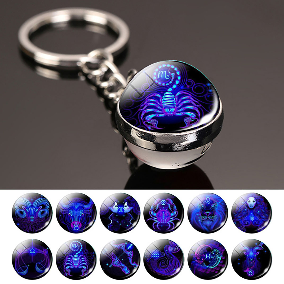 Llavero de 12 constelaciones, colgante luminoso de bola de cristal de doble cara, llavero de 12 zodiacos, regalo de cumpleaños de moda para hombres y mujeres