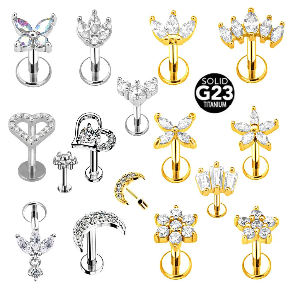 ASTM F136 G23 Titanio Fiore Luna Cuore Senza Filettatura Piercing Foglia Goccia Pin Push in Labbro Stud Daith Conch Orecchino 16G 18G 20G