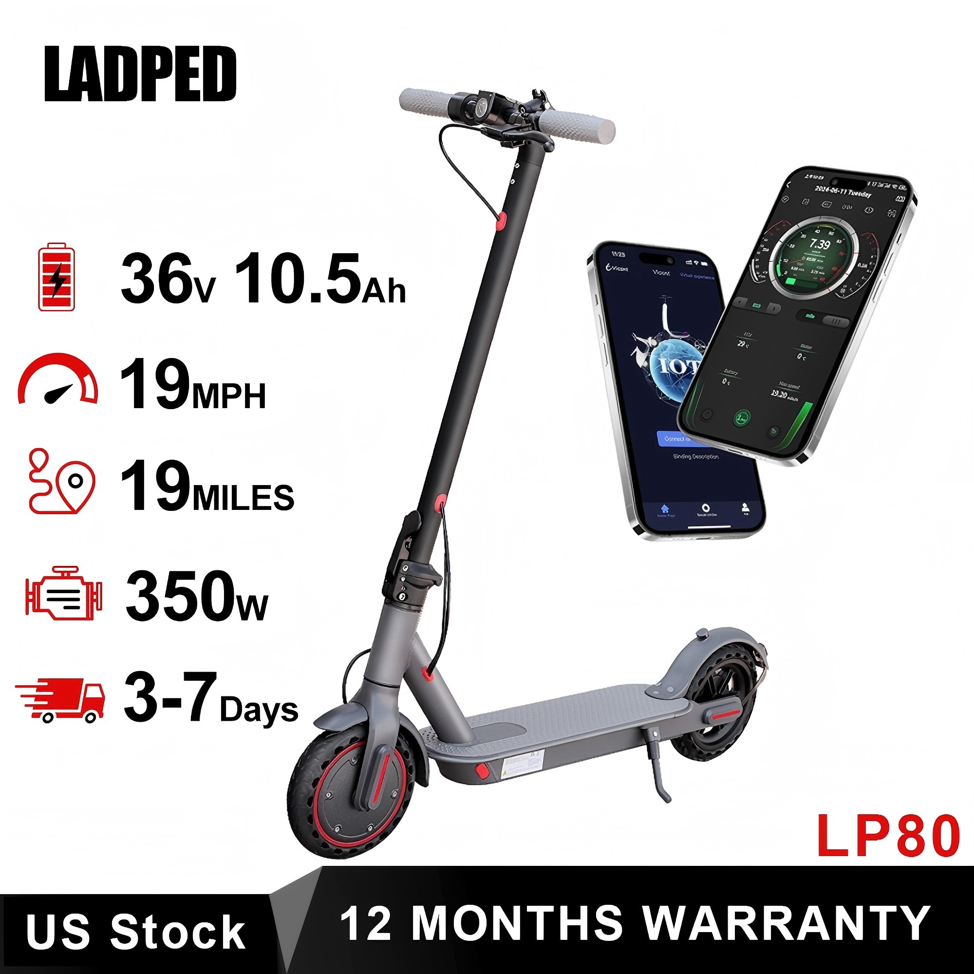 Электросамокат LADPED LP80: скорость 30 км/ч, амортизация, противоскользящие колеса 8,5 дюймов, складной, водонепроницаемый, для городских поездок